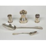 Two Georgian hallmarked silver spoons, weight 68g, hallmarked silver mounted pepper grinder and a