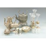 A plated four trumpet epergne with bumblebee maker's mark, further plated ware including pedestal,