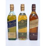 Three bottles of Johnnie Walker Scotch whisky comprising Gold Label 18 year old The Centenary Blend,