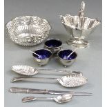 A quantity of silver plate to include berry spoons, swing handled bowl, salts etc