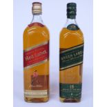 Two bottles of Johnnie Walker Scotch whisky comprising Green Label 15 year old blended malt