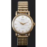 Elco 9ct gold gentleman's automatic wristwatch with gold hands and hour markers, silver dial and