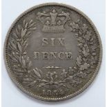 1854 low mintage young head Victorian sixpence, NVF, toned