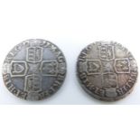 Queen Anne sixpence, plain angles reverse, GF, together with a further example, F