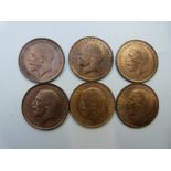 Six George V pennies 1912 (Titanic year) x2 1913 x 2, 1921 and 1927, all uncirculated, with lustre