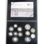 Royal Mint 2009 silver proof coin set comprising 12 coins from five pounds to one penny, with