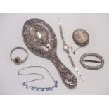 A hallmarked silver hand mirror, Birmingham 1902, Victorian paste buckle, pinchbeck brooch set