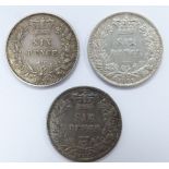 Three young head Victorian sixpences for 1875, one with 1874 obverse type 3-Davies 1085, possible