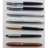 Seven various fountain and ballpoint pens comprising Conway 106, Cross, Shaeffer, Platignum,