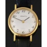 Zenith gold plated ladies wristwatch with black hands and Arabic numerals, silver dial and signed 17