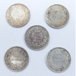 Five young head Victorian sixpences for 1873, die numbers 9, 97, 116, 117 and 121, all NVF