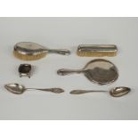 Three-piece hallmarked silver-mounted dressing table set including hand mirror, hallmarked silver