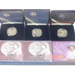 Three Royal Mint silver proof crowns comprising 2000 Queen Elizabeth the Queen Mother centenary year