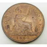 1860 Victorian young head bronze penny, LCW below shield, four windows to lighthouse, thumb touching