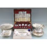 A quantity of silver plate including serving dishes including Elkington canteen of cutlery etc