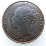 Victorian 1853 copper penny, O T DEF-: EF-unc, some lustre