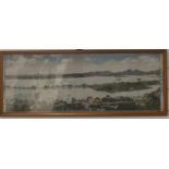 A 19thC Chinese panoramic embroidery of Tze Woo (Western Lake), Heng Chow, China, 27cm x 74cm