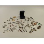 A quantity of silver and white metal jewellery to include earrings, Siam brooch, charms, rings,