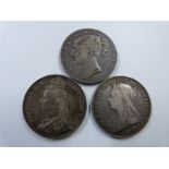 A trio of Victorian crowns to include young head 1845 VIII, 1899 LXIII veiled head and an 1888