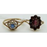 A 9ct gold ring set with garnets and a 9ct gold ring set with paste