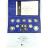 Royal Mint millennium silver proof coin collection comprising 13 coins from five pounds to Maundy