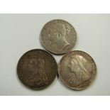 A trio of Victorian crowns to include young head 1844 VIII with star stops, 1900 LXIII veiled head
