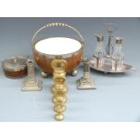 Mappin and Webb condiment set, plated candlestick, two wooden items with plated mounts and four W&
