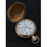 Elgin gold plated keyless winding full hunter pocket watch with Roman numerals, inset subsidiary