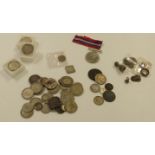 An interesting collection of coins, tokens, Roman artefacts and a WWII War Medal etc., some silver