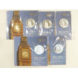 Five Royal Mint 2015 Big Ben £100 fine silver coins, in original packaging