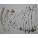 A collection of silver jewellery including rings, pendants, chains, Thomas Sabo charms, necklace