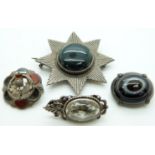 Victorian silver brooch set with a green agate cabochon, banded agate brooch, Victorian silver agate