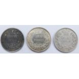 Three Victorian young head sixpences, F-VF grades, 1853, 1856 and an 1858 with narrow date