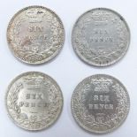 Four young head Victorian sixpences comprising two 1880, an 1883 and two 1887 examples, all NUF