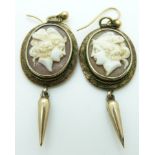 A pair of Victorian earrings each set with a cameo, signed verso
