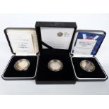 Three silver proof Piedfort £2 coins including 1997, 2005 End of WW2 and 2011 Mary Rose, all cased