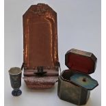 Arts and Crafts hammered copper hanging candle sconce, octagonal tea caddy and a Chinese cloisonné
