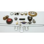 Silver rings, silver brooches, horseshoe necklace by CH Rome, silver cufflinks, paste pendant and