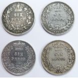 Four young head Victorian sixpences for 1875, 1876, 1877 and 1878, die numbers 4, 6, 27 and 78, F-