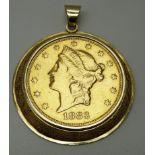 1883 USA twenty dollar gold coin in 14ct gold pendant mount, 43.8g in total