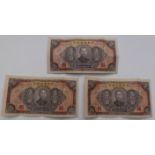 Three Chinese 1943 500 Yuan notes with consecutive numbers.