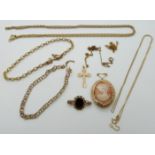 A 9ct gold cross, 9ct gold necklace, two 9ct gold bracelets (20.9g) 18ct gold chain (2g), 9ct gold