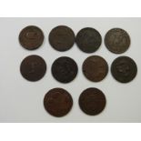 Ten 18thC halfpenny /trade Conder type tokens, includes Cronebane Irish Miners, Snowhill London '