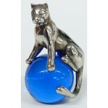 Cartier novelty white metal leopard on a blue glass ball, marked Cartier and 925 to animal, height