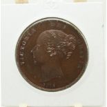 1854 Victorian copper penny, OT, far colon, unc with some lustre