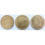 Three gold half sovereigns, Portraits of Queen Victoria 1873, 1891 and 1898, in fitted wooden box