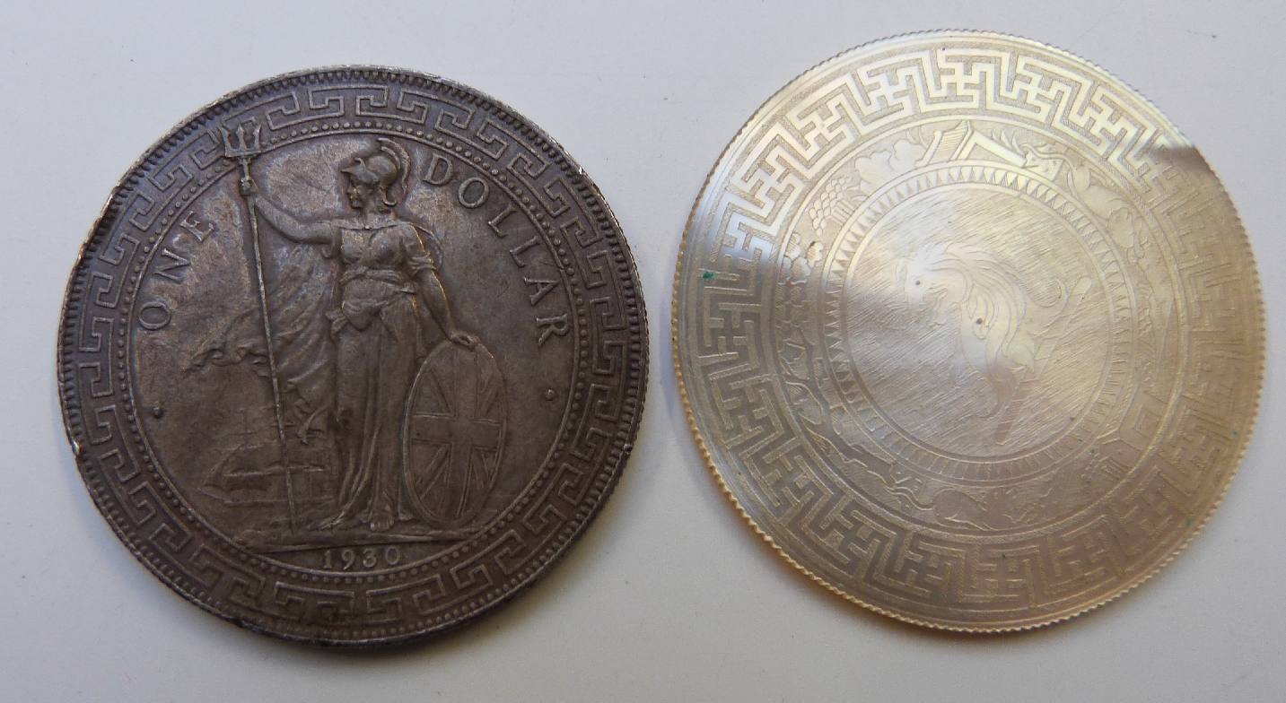 Silver British Trade Dollar 1930, 26.95g, standing Britannia obverse, Chinese characters and Malay