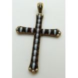 A large Victorian cross pendant set with banded agate cabochons and seed pearls, 8 x 5cm