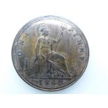 Victorian 1860 bronze young head penny, OT BB, some lustre, EF+