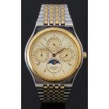 Rotary triple calendar gentleman's wristwatch with inset day and date dials, moonphase, gold Roman